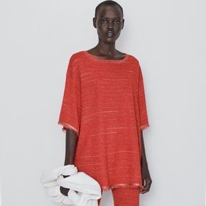 NWT Zara Red Waffle Knit Tweed Top sz L
